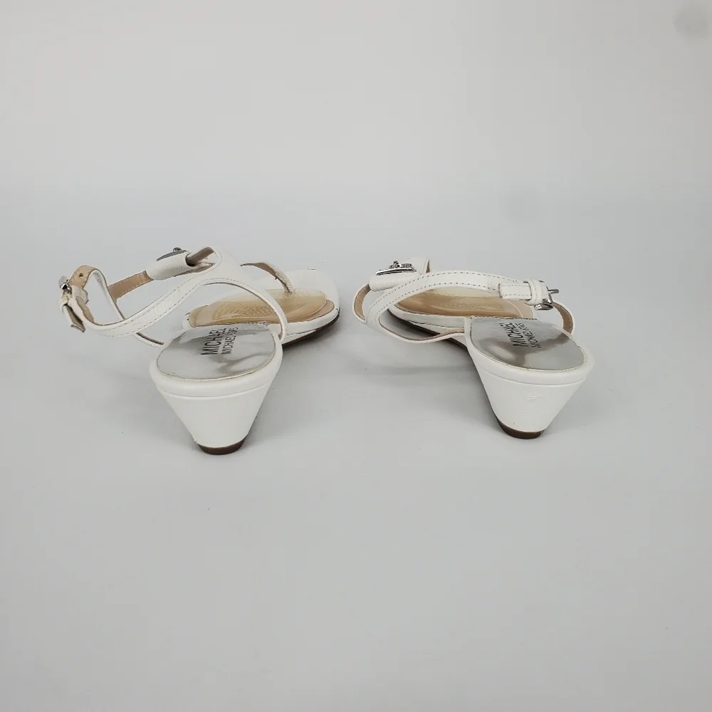 MICHAEL KORS MK Padlock Thong Sandals White Low Wedge Silver Women's 5M Shoes